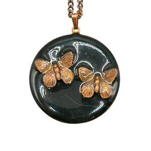 Vintage Black Enamel & Copper Butterfly Pendant Necklace Round Medallion